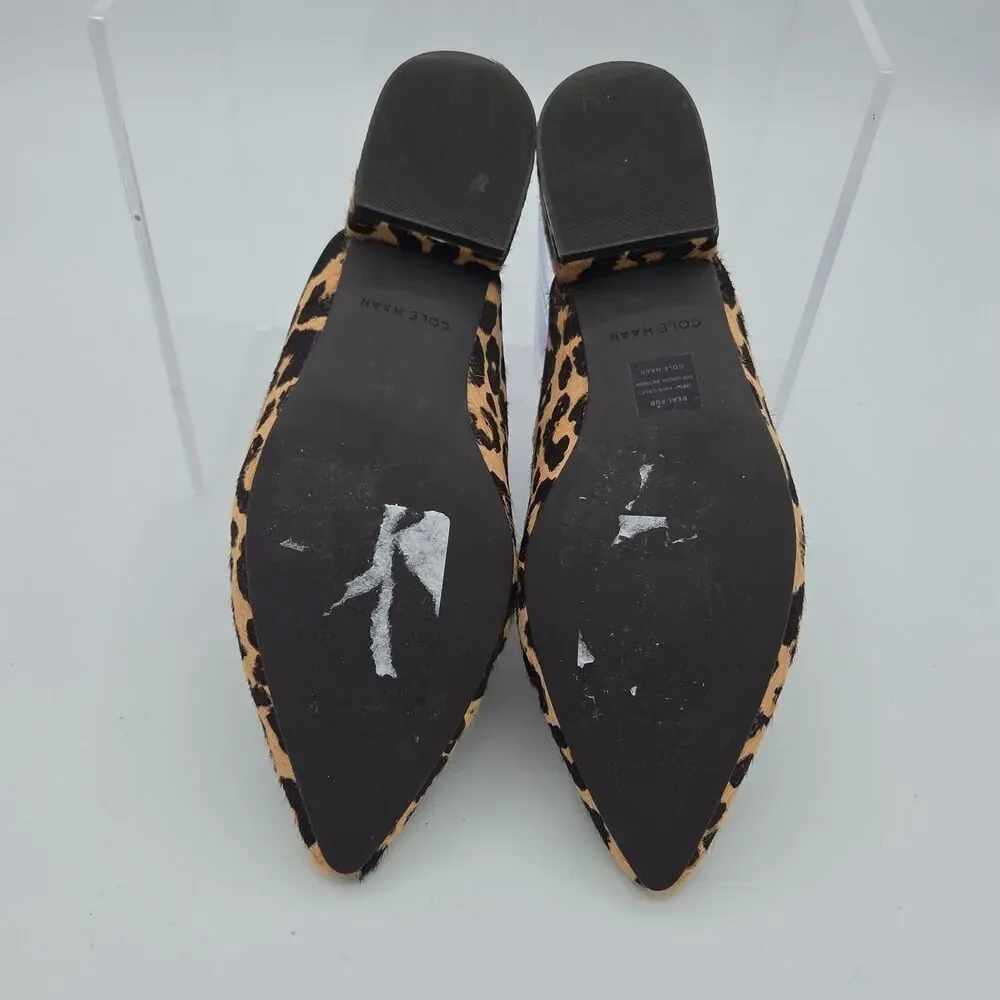 Cole Haan Piper Ocelot Leopard Calf Hair Loafer Mules Pointed Toe Slides Sz 6
